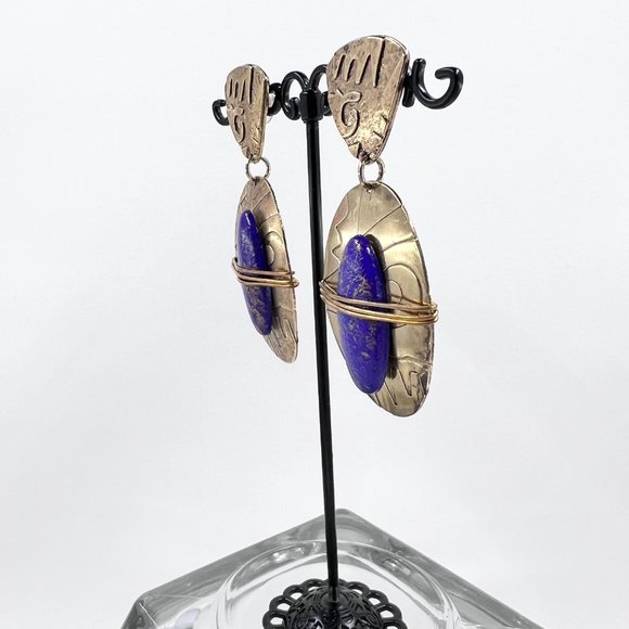 NWOT - Lapis Inspired Large Oval Metal Wrapped Gold Tone Post Earrings - Picture 3 of 7
